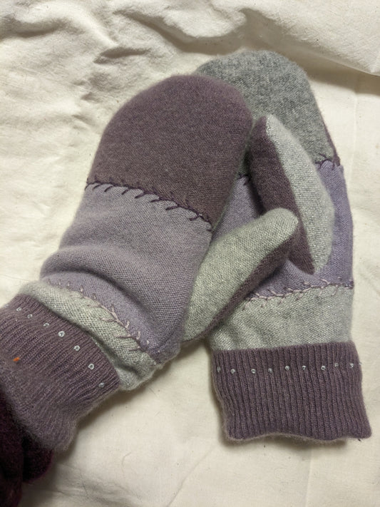 Double cashmere mittens - Plum and Grey