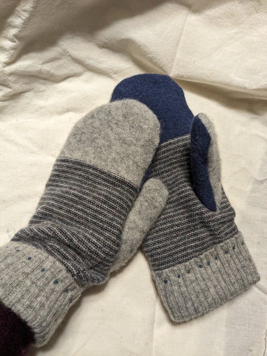 Double Cashmere Mittens - Grey Stripes and Blue