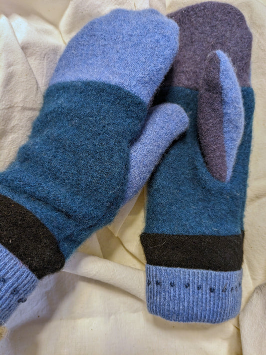 Double cashmere mittens - Blue and Blue and Plum