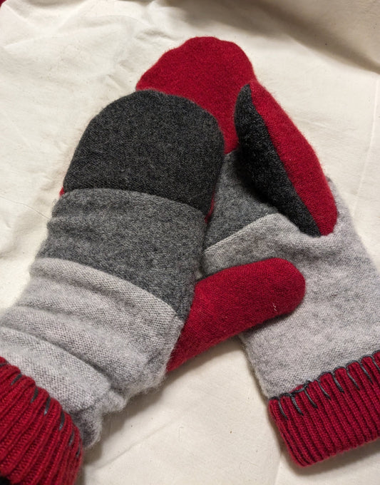 Double Cashmere Mittens - Red, Black and Grey