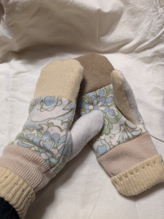 Double Cashmere Mittens - Blue flowers, tan and brown