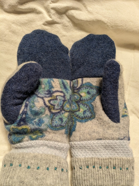 Double Cashmere Mittens - Blue, tan and flowers