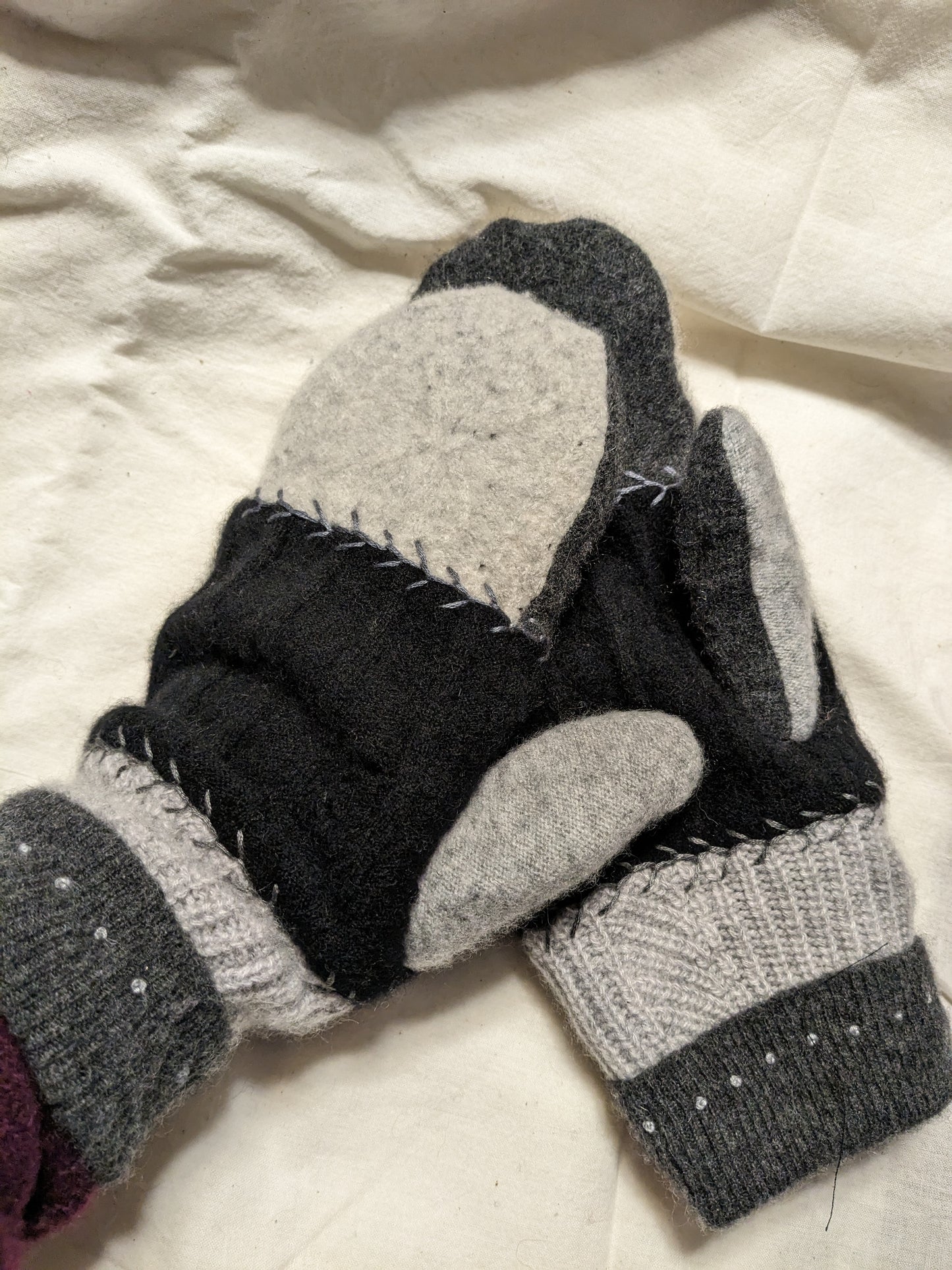 Double Cashmere Mittens - Black and White and Grey