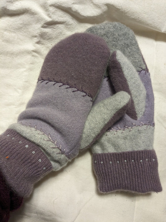 Double cashmere mittens - Plum and Grey