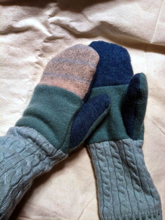 Double Cashmere Mittens - Blue, Pink and Green