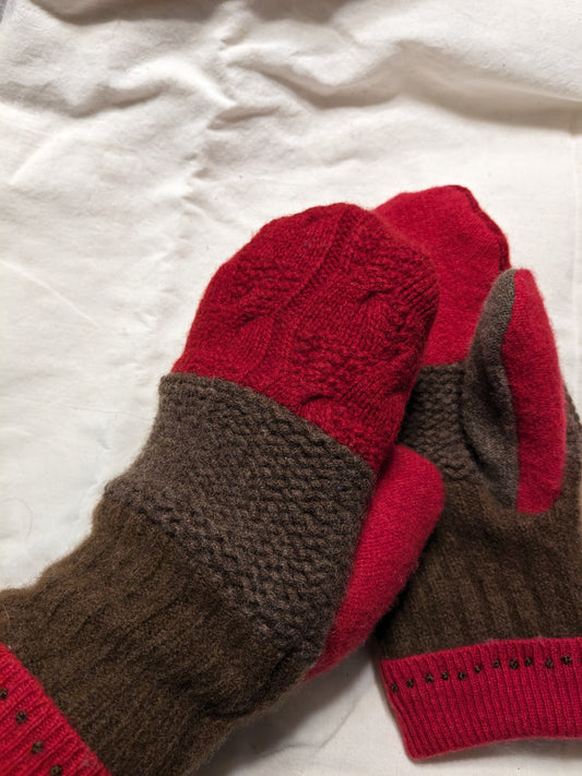 Double Cashmere Mittens in Red and Brown