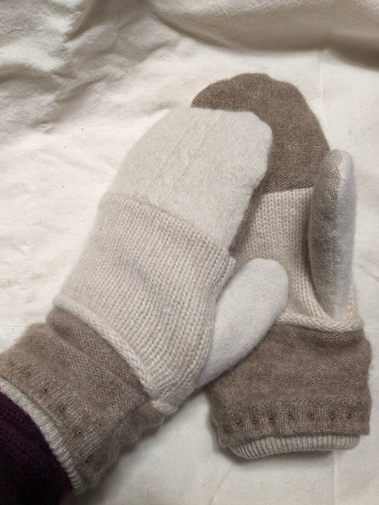 Double Cashmere Mittens - White, Tan and Brown