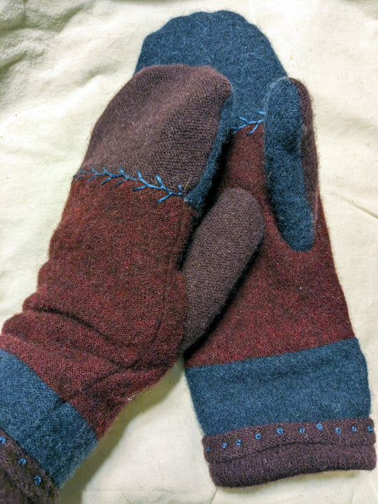 Double cashmere mittens - Maroon and Blue