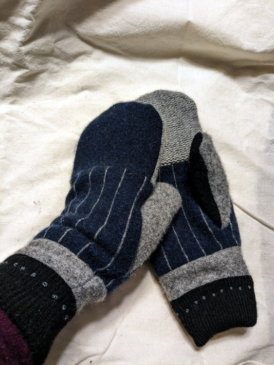 Double Cashmere Mittens - Pin Stripes in Blue and Grey