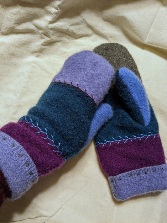 Double Cashmere Mittens - Blue and Grey and Purple