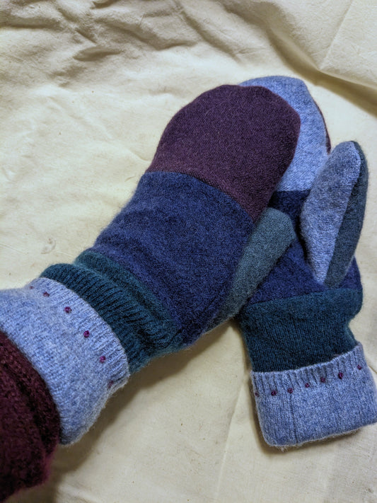 Double Cashmere Mittens - Blue and Blue and Plum