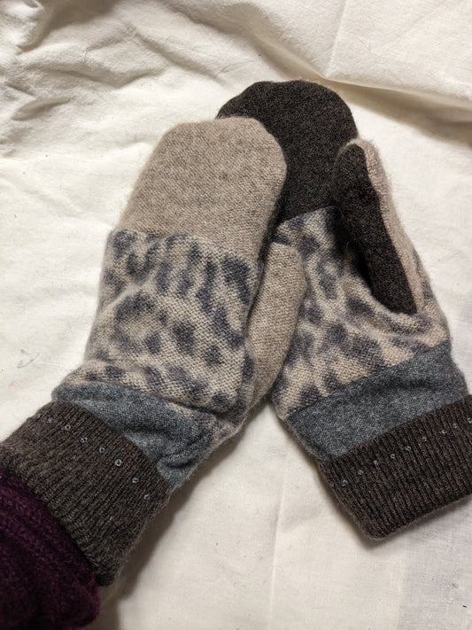 Double Cashmere Mittens - Animal Print, Tan and Brown