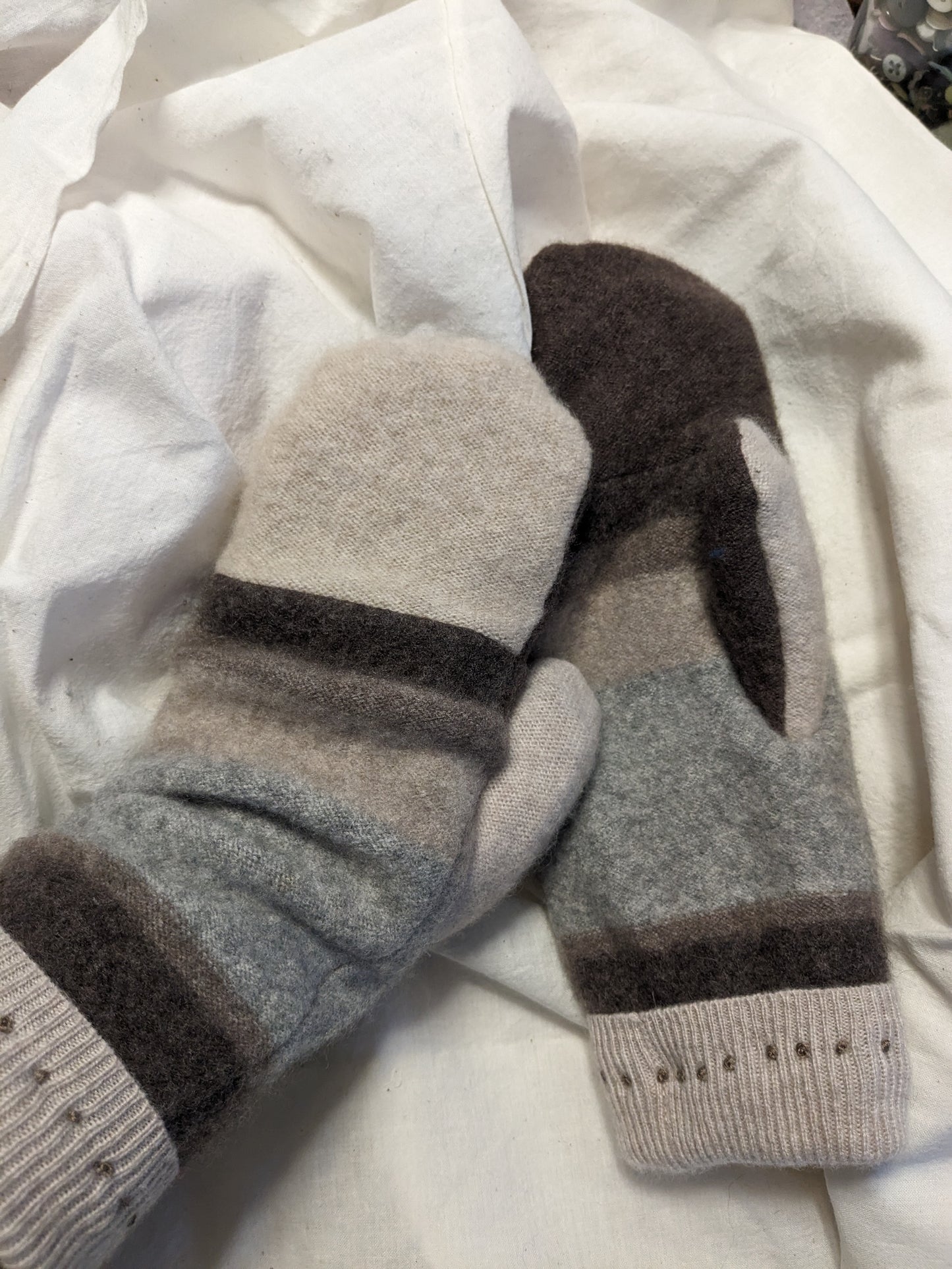Double Cashmere Mittens -Grey, Tan and Brown